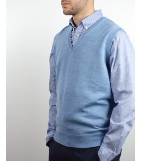 CHALECO CUELLO PICO MEZCLA LANA MERINO CELESTE
