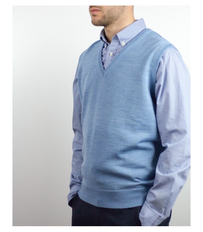 CHALECO CUELLO PICO MEZCLA LANA MERINO CELESTE