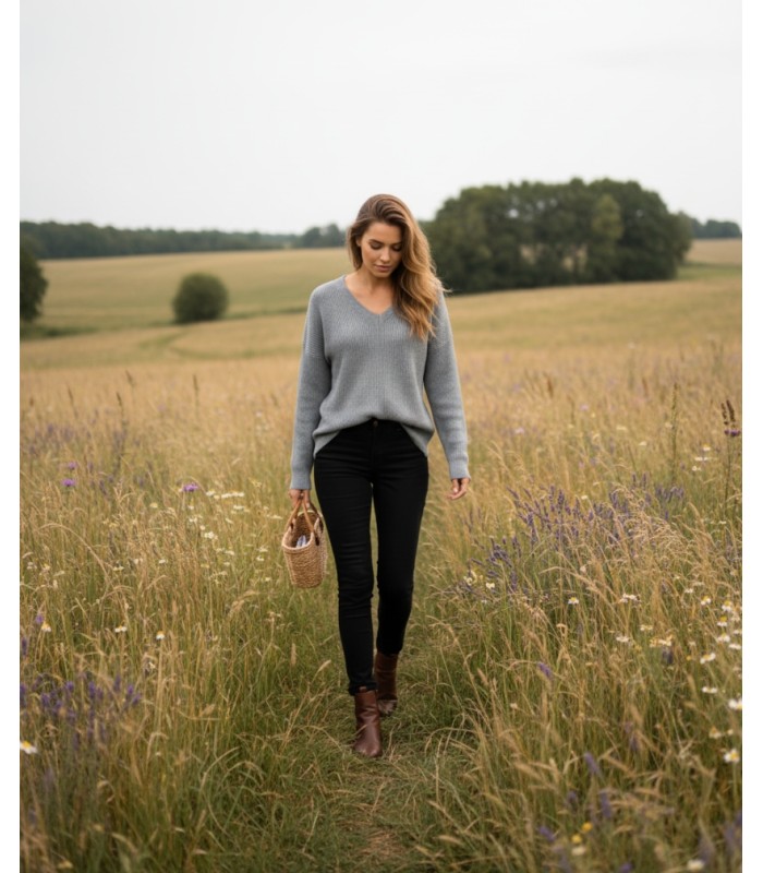 PURL KNIT V-NECK SWEATER GREY