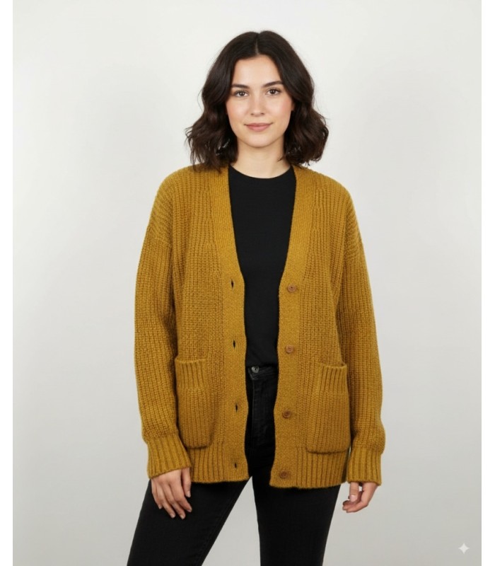 CHAQUETA LARGA PUNTO PERLADO MOSTAZA