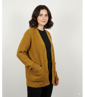 CHAQUETA LARGA PUNTO PERLADO MOSTAZA