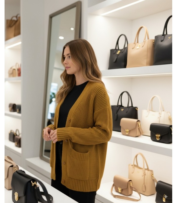 CHAQUETA LARGA PUNTO PERLADO MOSTAZA