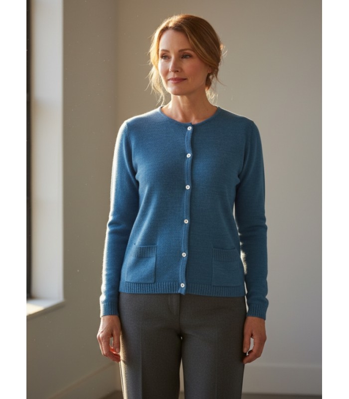 TURQUOISE CARDIGAN WITH POCKETS MERINO WOOL BLEND