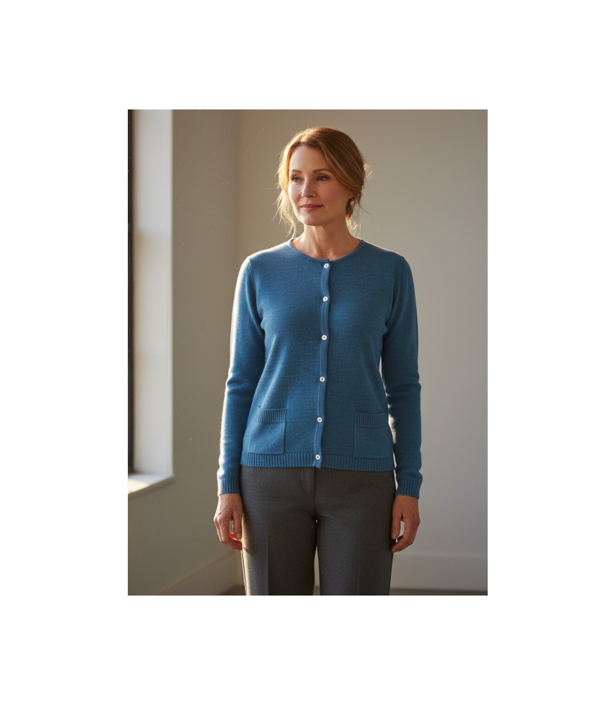 TURQUOISE CARDIGAN WITH POCKETS MERINO WOOL BLEND